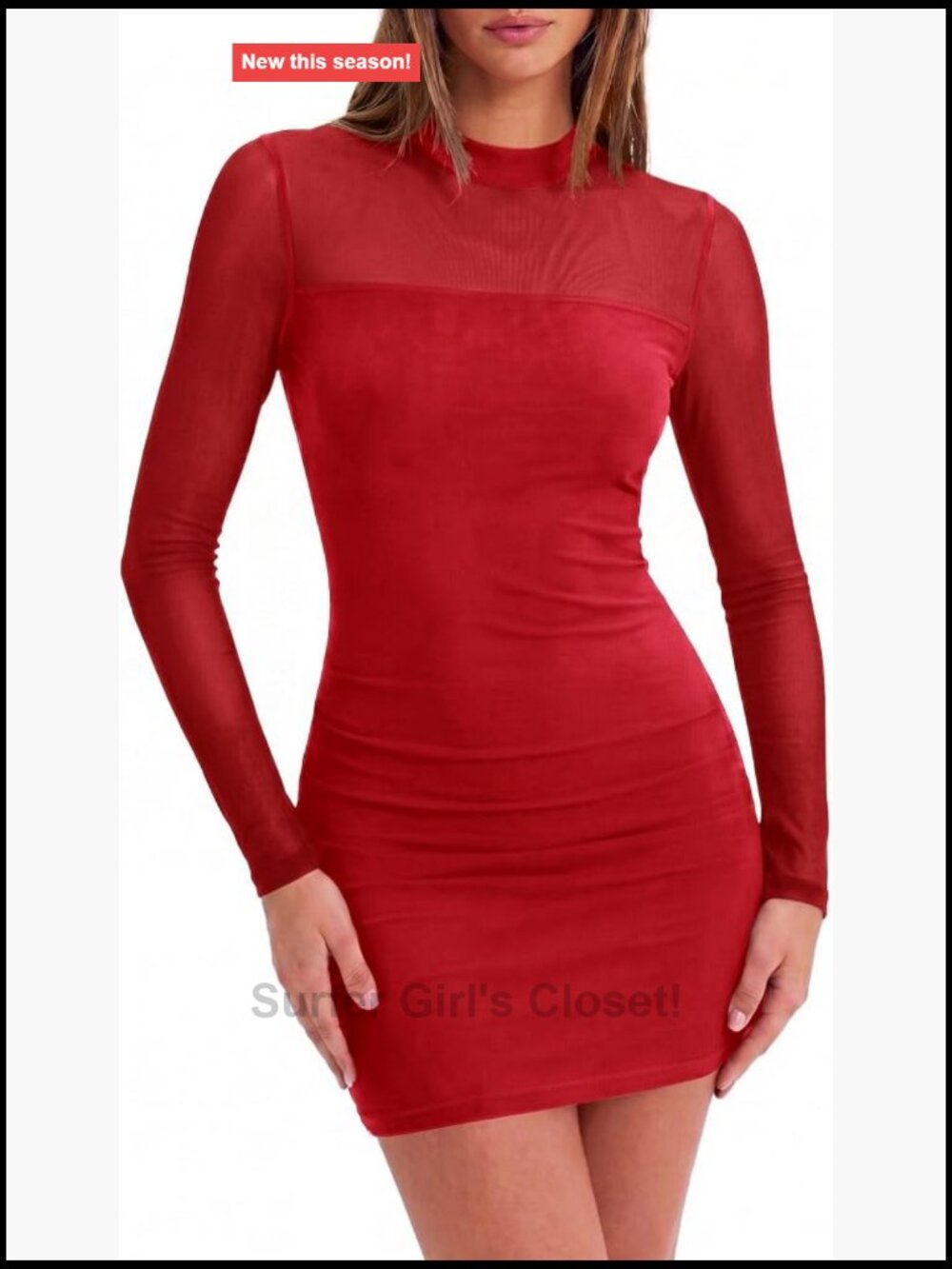 Mesh Long Sleeve Ruched Bodycon Mini Dress Mock Neck Sheer Party